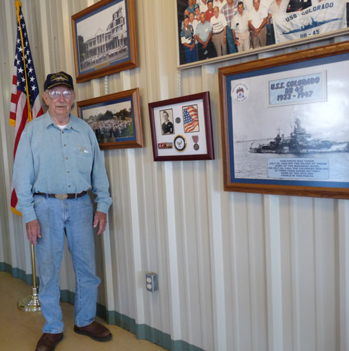 WWII veteran Joe Ware Sr. in his son's pizza shop in Bertram, Texas 