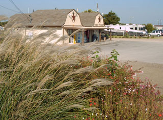 A flower garden near the entrance, with the Texan RV Ranch convenience store and office in the background