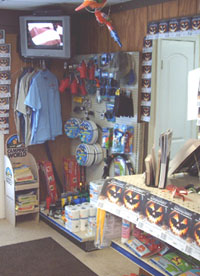 The convenience store also includes brochures on local attractions, t-shirts, and other items