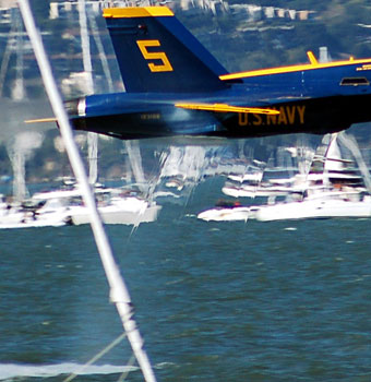 Note the visual distortion caused by the shockwaves at less than 20 feet above the water in the San Francisco Bay