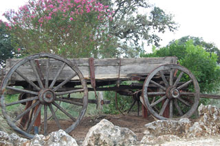 A rustic wagon on the grounds of the Bear Creek Retreat