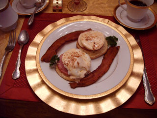 Our breakfast at the Avenue O B&B consisted of Eggs Benedict, bacon, and other treats 