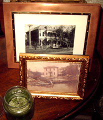 Photo taken by a Thomas Edison assistant after the 1900 Storm showing neighbor house that had been pushed by the flood waters to land in front of house