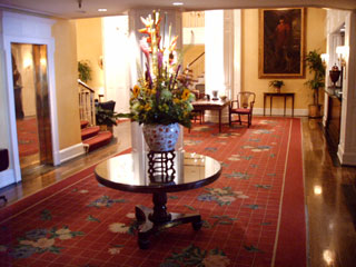 Flowers adorn the front entranceway to the Lancaster Hotel