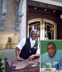 W. K. Hicks greets guests daily at the Lancaster Hotel. Inset is his 1969 Topps playing card from his days as a Houston Oiler.