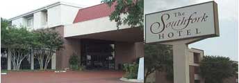 Front entrance and sign to the Southfork Hotel in Plano, Texas