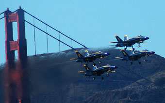 The Blue Angels fly in low at the Golden Gate for a perfect backdrop